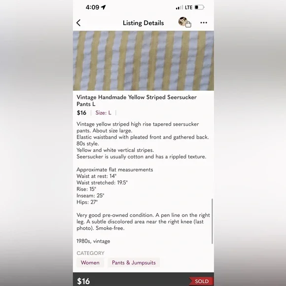 Vintage Handmade Yellow Striped Seersucker Pants L - Picture 5 of 9